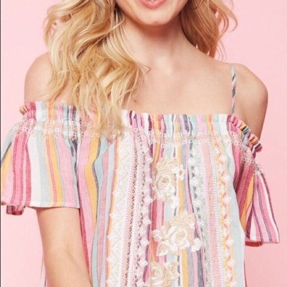 ANDREE BYUNIT STRIPED EMBROIDERED OFF SHOULDER TOP - Picture 4 of 6